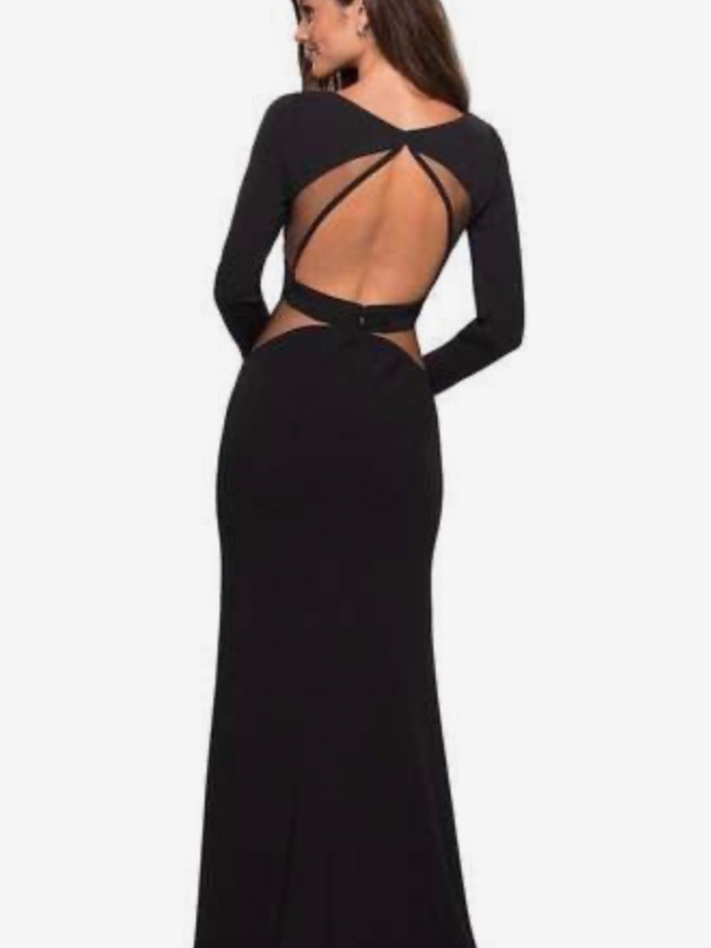 La Femme Black Long-Sleeve Cutout Maxi Gown with High Slit - Picture 2 of 6